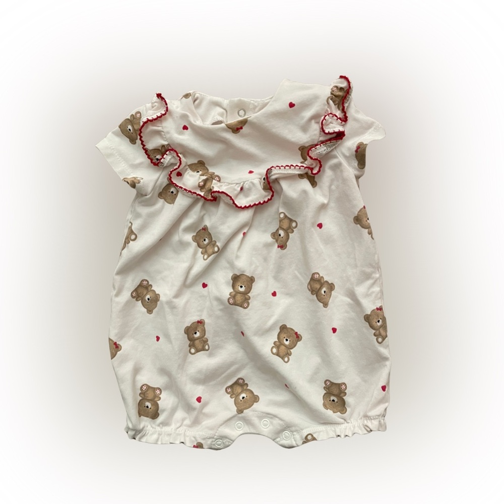 Mayoral Cream Baby One-Piece with Brown Bear Print and Red Trim